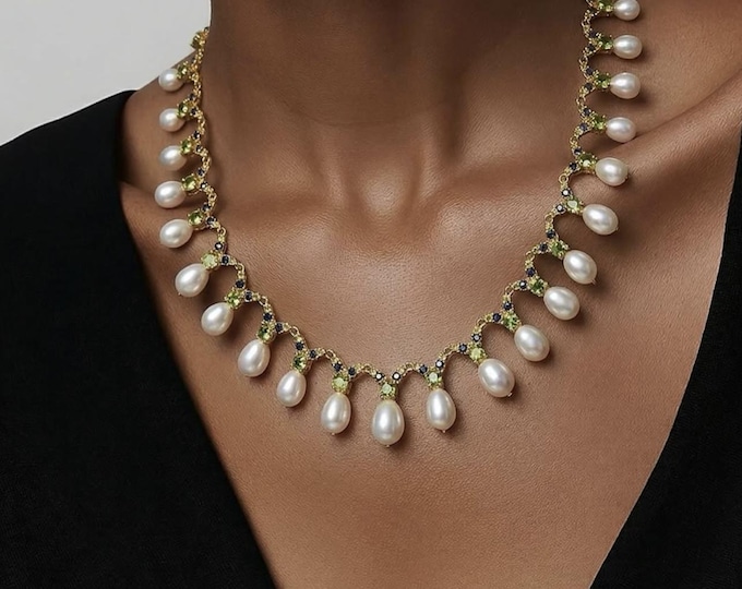 Natural Pearl and Peridot Necklace in Sterling Silver Freshwater Pearl Drop Necklace Elegant Gemstone Jewelry Gift for Her