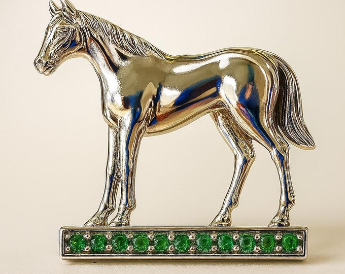 Antique Inspired Emerald Horse Brooch 925 Sterling Silver