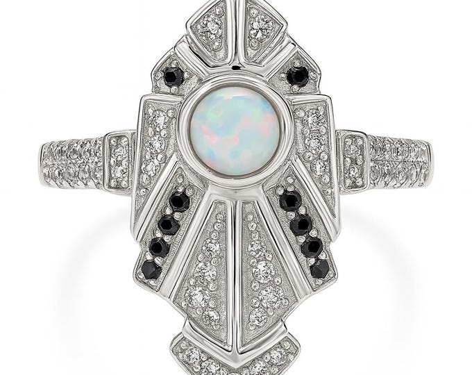 Gilson Opal and CZ Diamond Ring 925 Sterling Silver