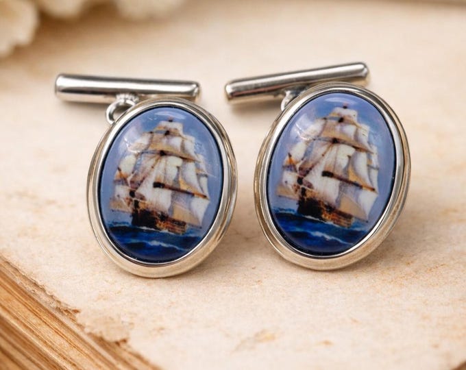 Vintage Enamel Sailing Ship Cufflinks 925 Sterling Silver