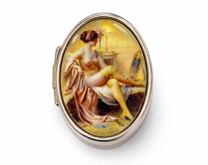 Antique Style Silver Pill Box with Classical Nude Art Victorian Art Inspired Oval Keepsake Box