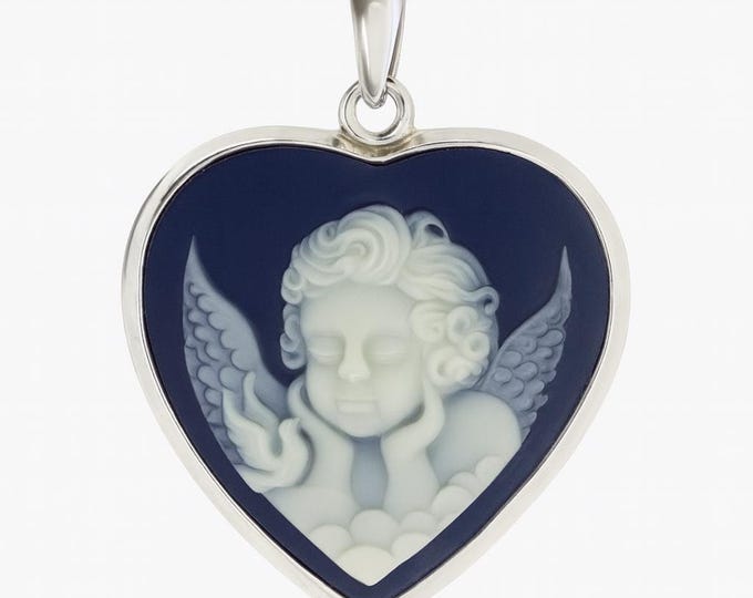 Sterling Silver Heart Pendant with Angel Cameo Blue & White Cherub Jewelry, Vintage Style Guardian Angel