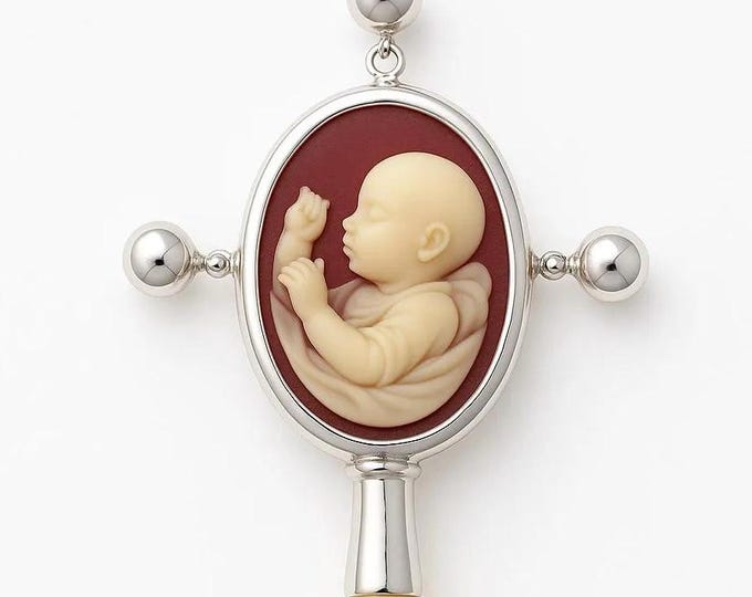 Vintage Baby Rattle Cameo Silver and Cream Floral Handle Keepsake Gift Christening or Baby Shower Gift