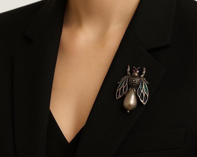 Sterling Silver Plique a Jour Enamel Insect Brooch Pendant with Ruby and Marcasite Accents Vintage Insect Jewelry