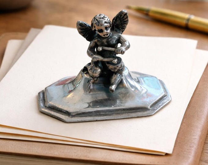 Antique Silver 925 Sterling Silver Cherub Paperweight Vintage Angel Desk Ornament Art Nouveau Style Collectible