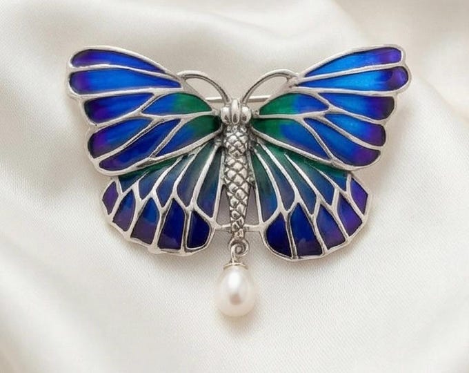 Plique-à-Jour Enamel 925 Sterling Silver Pearl Butterfly Brooch