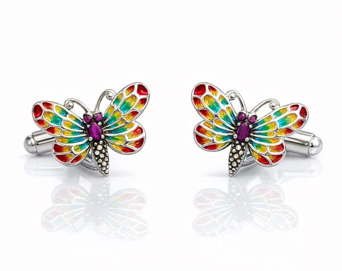 Sterling Silver Butterfly Cufflinks: Ruby & Plique-à-Jour Enamel Wings
