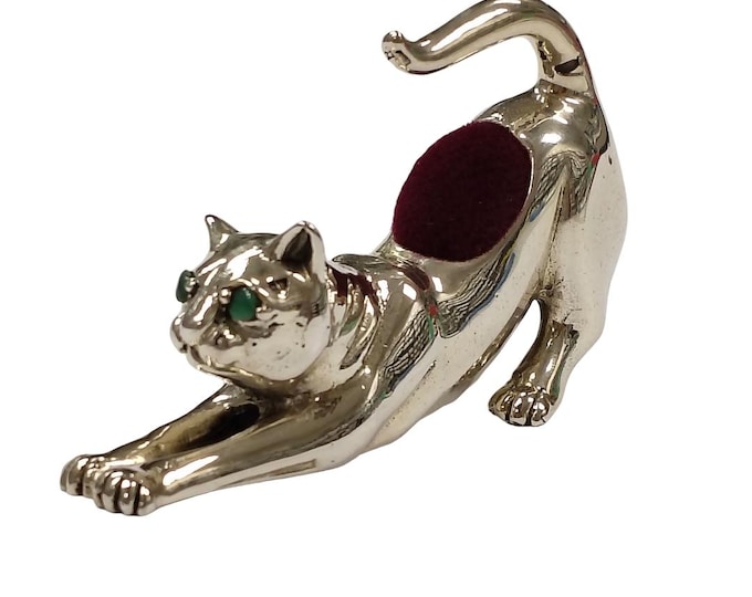 Antique Inspired Cat Pin Cushion Emerald Eyes 925 Sterling Silver