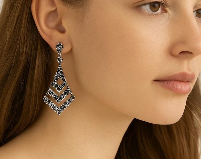 Vintage Sterling Silver Earrings with Marcasite Art Deco Dangle Drop Earrings, Elegant Gift for Her