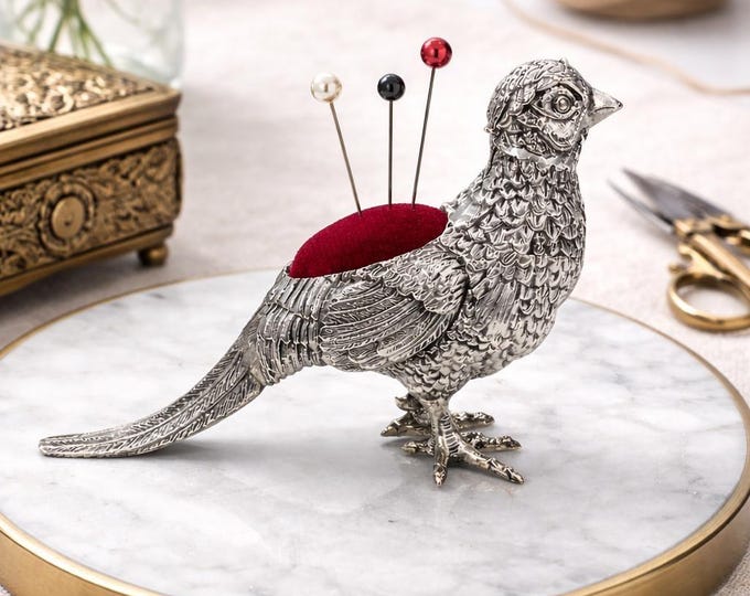 Vintage Silver Plated Pheasant Pin Cushion, Collectible Sewing Accessory