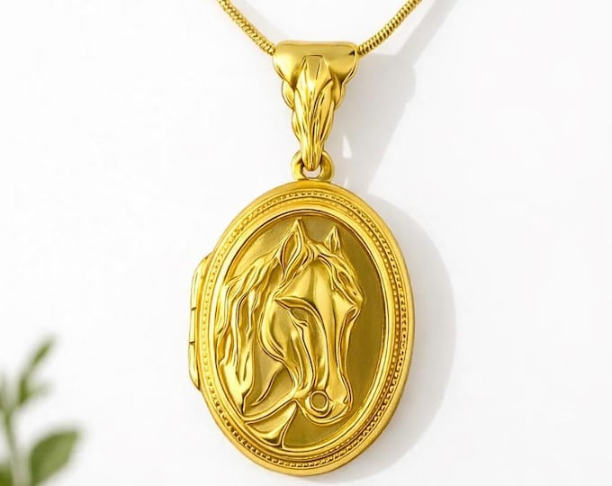 Engraved Horse Head Locket, Gold Plated 925 Sterling Silver Equestrian Pendant