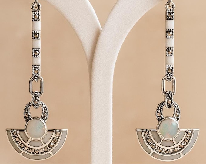 Art Deco Inspired White Gilson Opal and Marcasite 925 Sterling Silver Earrings