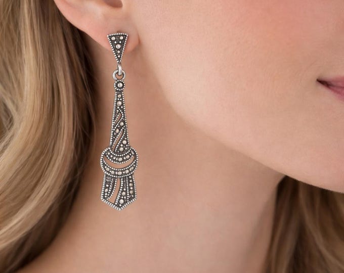 Art Deco Marcasite Sterling Silver Drop Earrings, Vintage Style