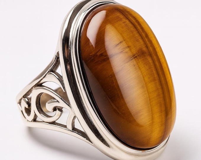 925 Sterling Silver Tiger’s Eye Ring Natural Gemstone Statement Ring, Brown Golden Crystal Jewelry, Healing Stone Gift for Her