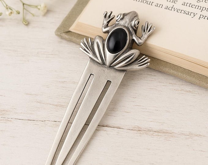 Antique Silver Onyx and Jade Frog Bookmark Vintage Book Lover Gift, Reading Accessory, Collectible Metal Page Marker