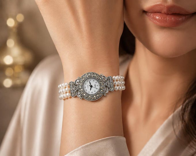 Vintage Marcasite and Pearl Sterling Silver Bracelet Watch, Elegant Women’s Dress Watch