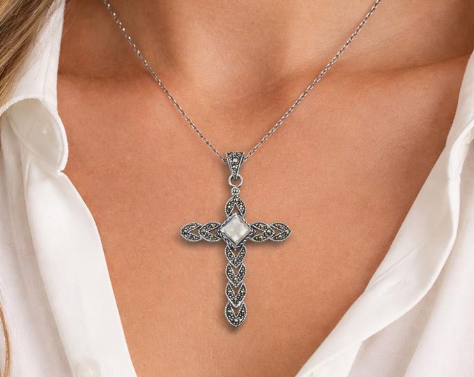 Victorian Style 925 Sterling Silver Mother of Pearl and Marcasite Cross Pendant Antique Inspired Gemstone Necklace