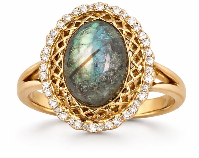 Antique Inspired Genuine Labradorite Halo Ring Gold Plated 925 Sterling Silver Oval Labradorite Statement Ring