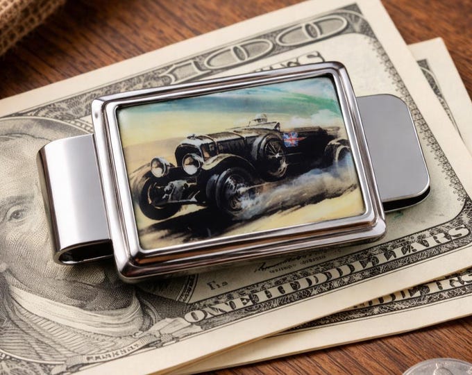 Vintage British Racing Car Money Clip 925 Sterling Silver Gentleman’s Wallet Clip Classic Car Gift for Him