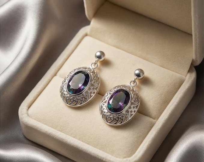 925 Sterling Silver Mystic Topaz Filigree Earrings