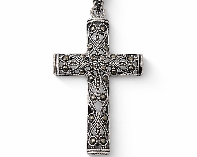 Vintage Marcasite Cross Pendant, Sterling Silver Filigree Necklace
