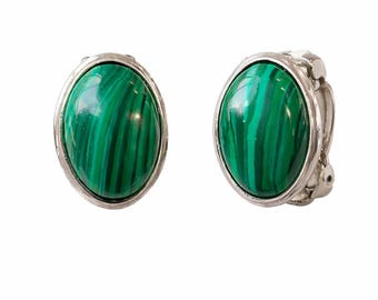 Antique Inspired Malachite Clip On Earrings 925 Sterling Silver