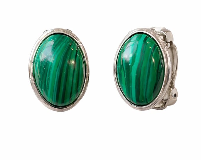 Antique Inspired Malachite Clip On Earrings 925 Sterling Silver