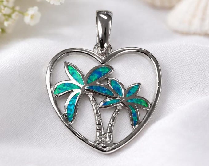 Blue Gilson Opal Heart Pendant 925 Sterling Silver Palm Tree Necklace