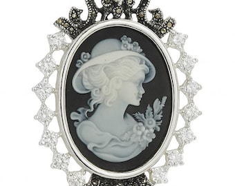 Silver Plated Cameo Pendant Necklace: Victorian Style Marcasite & CZ Accents
