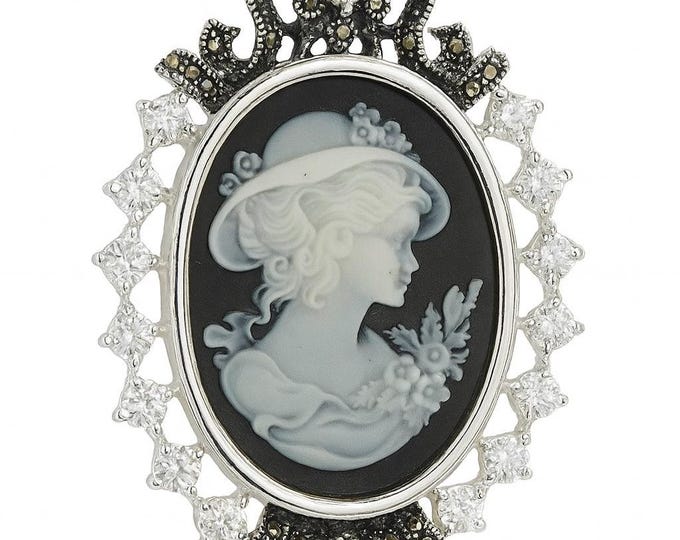 Vintage Style Silver Plated Cameo Pendant Necklace Oval Lady Profile with Marcasite and CZ Accents Victorian Inspired Statement Jewelry