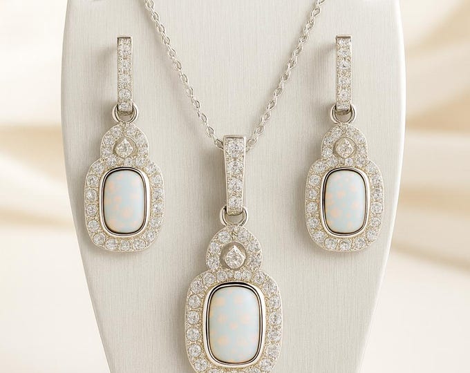 Gilson Opal Cubic Zirconia Earrings and Pendant Set 925 Sterling Silver Hallmarked