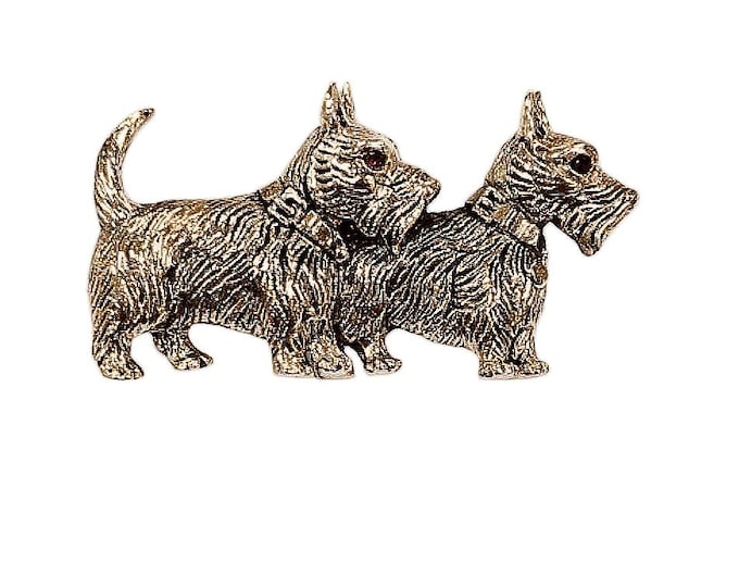 Antique Style Two Scottie Dogs Ruby Brooch 925 Sterling Silver