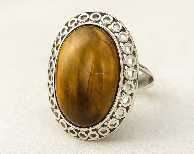 925 Sterling Silver Tiger’s Eye Ring Natural Gemstone Statement Ring, Brown Golden Crystal Jewelry, Healing Stone Gift for Her