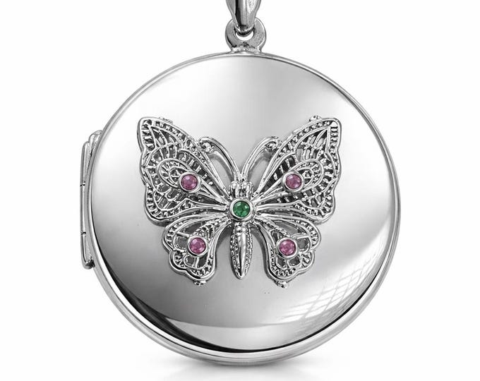 925 Sterling Silver Butterfly Locket Necklace, Vintage Style Round Photo Locket, Filigree Butterfly Pendant, Gift for Her