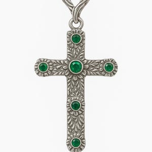 May include: A silver-coloured cross pendant with an intricate floral pattern. The cross is adorned with five round, vivid green gemstones. The pendant has a looped design at the top for hanging.
