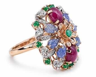 Rubies, Sapphires, Emeralds, Diamonds, 14K Rose and White Gold Ring