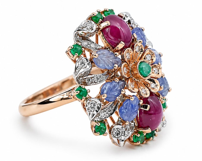 Rubies, Sapphires, Emeralds, Diamonds, 14K Rose and White Gold Ring
