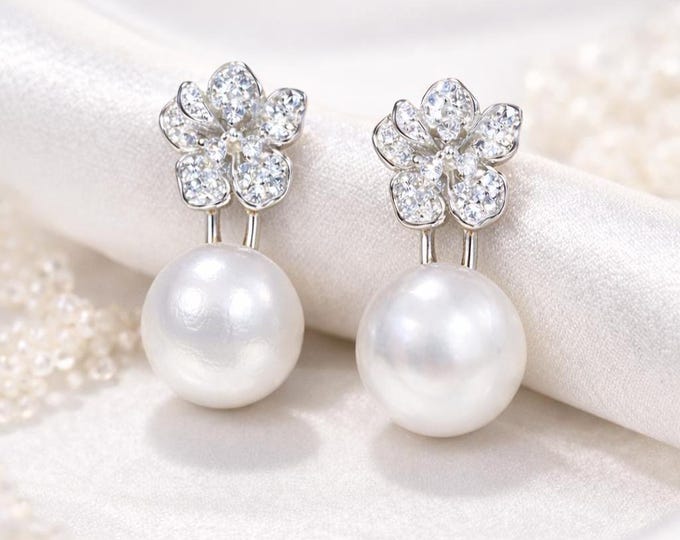 Freshwater Pearl Drop Earrings, CZ Floral Sterling Silver Studs