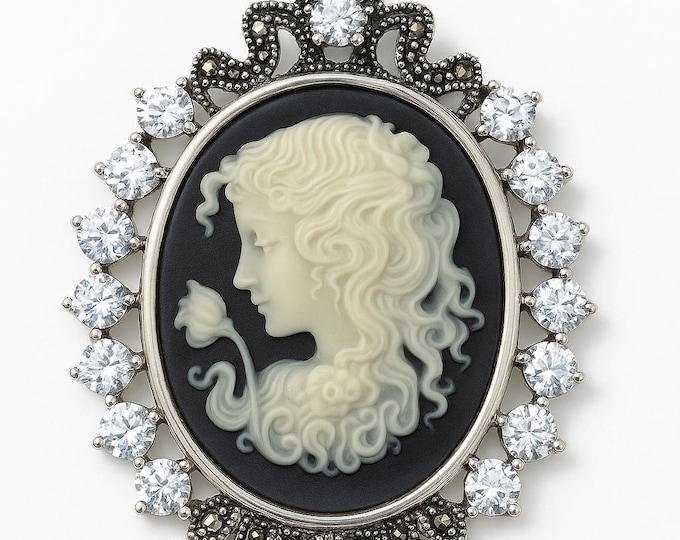 Vintage Style Silver Plated Cameo Pendant Necklace Oval Lady Profile with Marcasite and CZ Accents Victorian Inspired Statement Jewelry