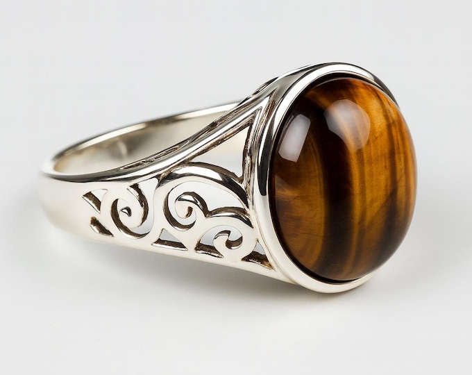 Art Nouveau Inspired Round Tigers Eye Ring 925 Sterling Silver Hallmarked