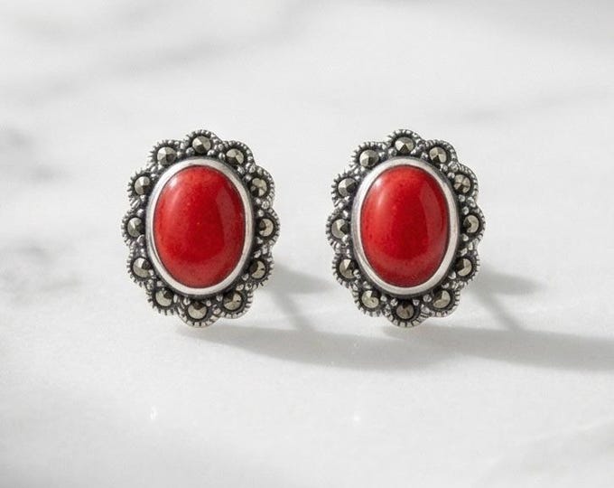 Art Deco Coral and Marcasite 925 Sterling Silver Stud Earrings