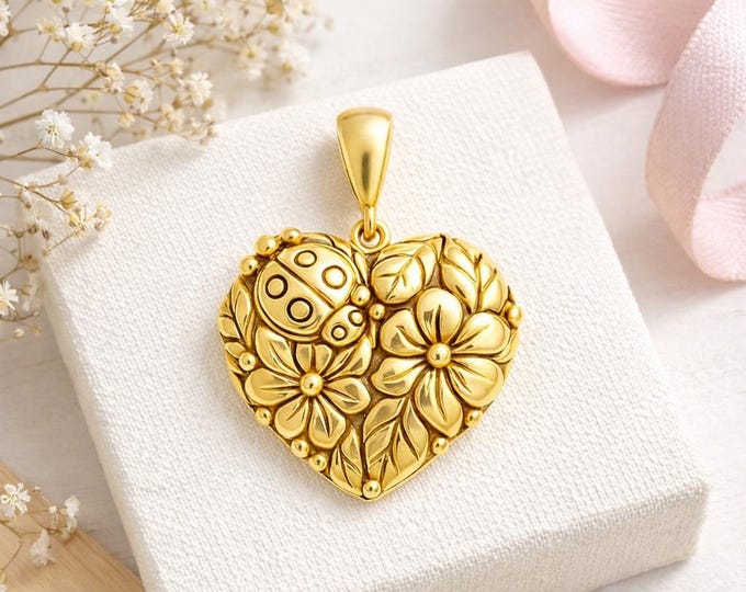 Gold Plated 925 Sterling Silver Heart Locket Floral and Ladybug Design, Nature-Inspired Jewelry, Gift for Her