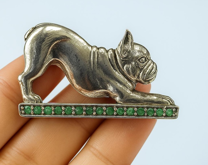 Vintage Sterling Silver Bulldog Brooch with Emerald and Ruby Accents Dog Lover Gift, Animal Jewelry, Collectible Pet Pin