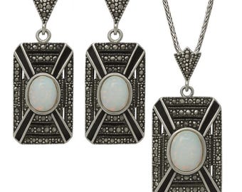 Art Deco Gilson Opal Onyx Marcasite Sterling Silver Jewelry Set