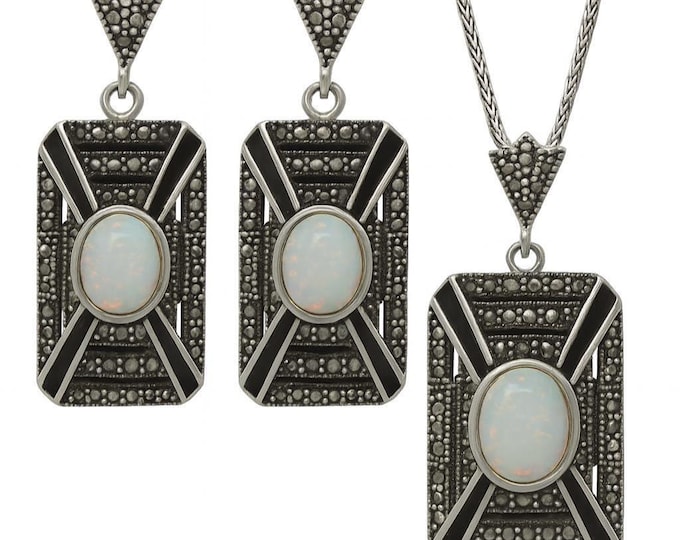 Art Deco Inspired White Gilson Opal, Onyx and Marcasite 925 Sterling Silver Earrings and Pendant Set