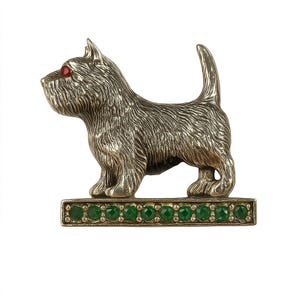 Vintage Sterling Silver Terrier Dog Brooch with Red Ruby Eye & Green Emerald Accents Collectible Scottish Dog Pin