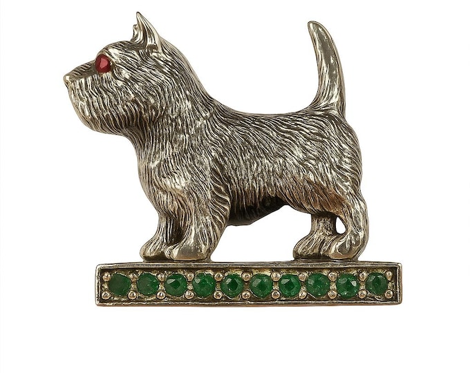 Vintage Sterling Silver Terrier Dog Brooch with Red Ruby Eye & Green Emerald Accents Collectible Scottish Dog Pin