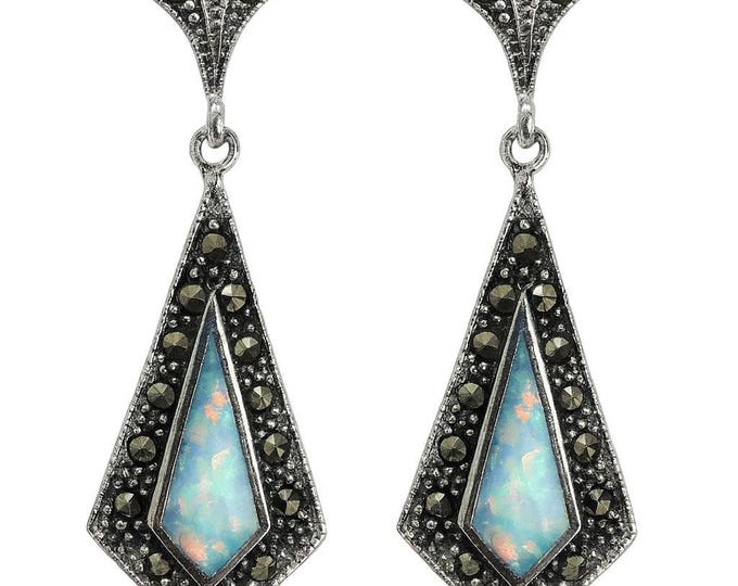 Art Deco Inspired Gilson Opal and Marcasite 925 Sterling Silver Earrings
