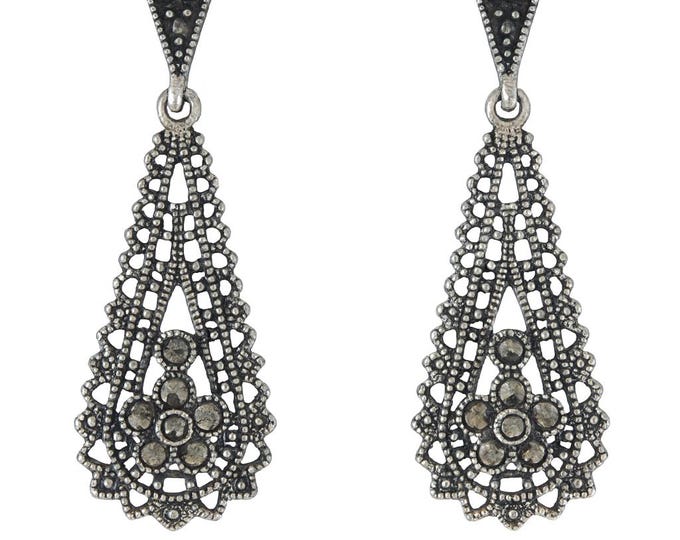 Art Deco Marcasite Drop Earrings 925 Sterling Silver Vintage Style Dangle Earrings Antique Inspired Statement Jewelry Gif