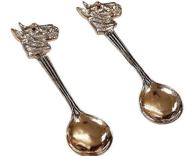 Antique and Vintage Style Pair of Scottie Salt Spoons Ruby Eyes 925 Sterling Silver Collectible Spoons, Miniature Spoons